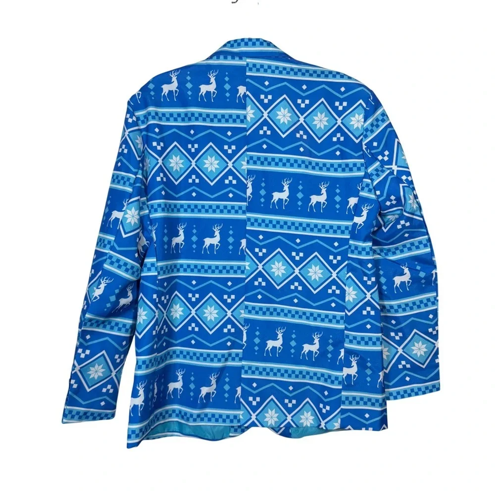 OffStream Blue Reindeer Fair Isle Ugly Christmas Blazer Jacket Men L 52-54 42-44